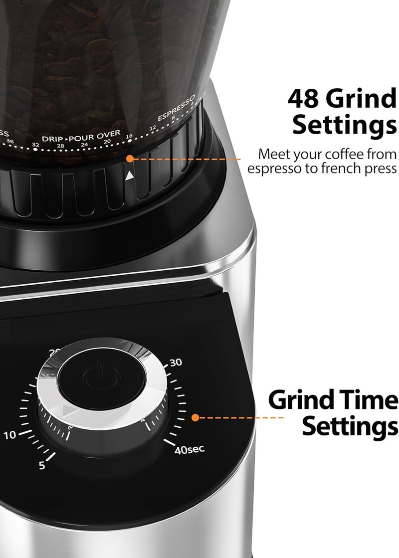 Aromaster's Burr Coffee Grinder with 48 Gind Settings, Conical Coffee Bean Grinder for Home Use,Stainless Steel,40 Seconds Adjustable Timer,Anti-static,Easy to Clean with Brush - Image 2
